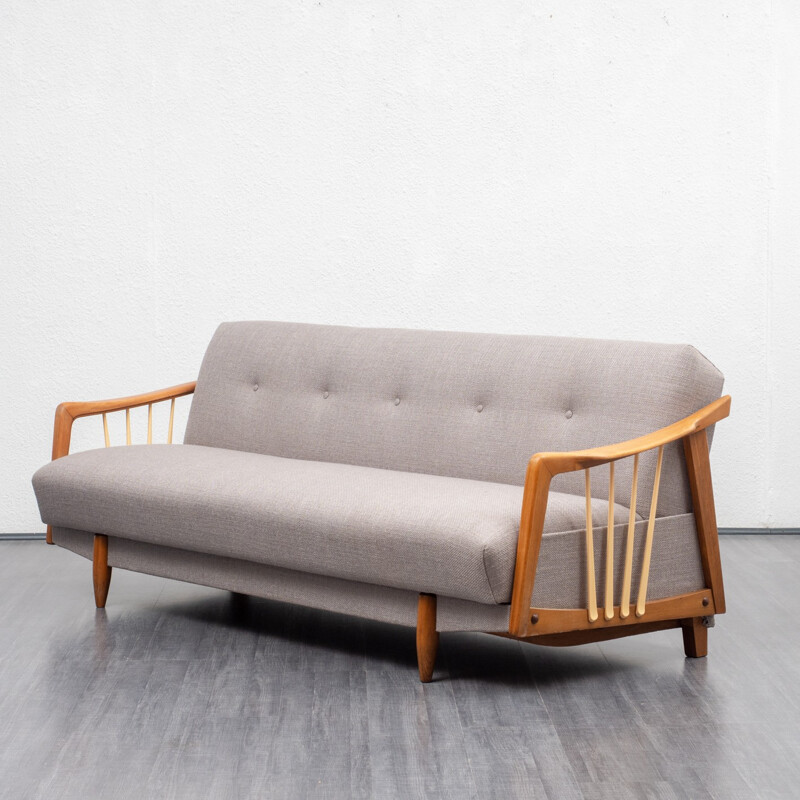 Vintage sreamline sofa in beech frame and light grey fabric - 1950s