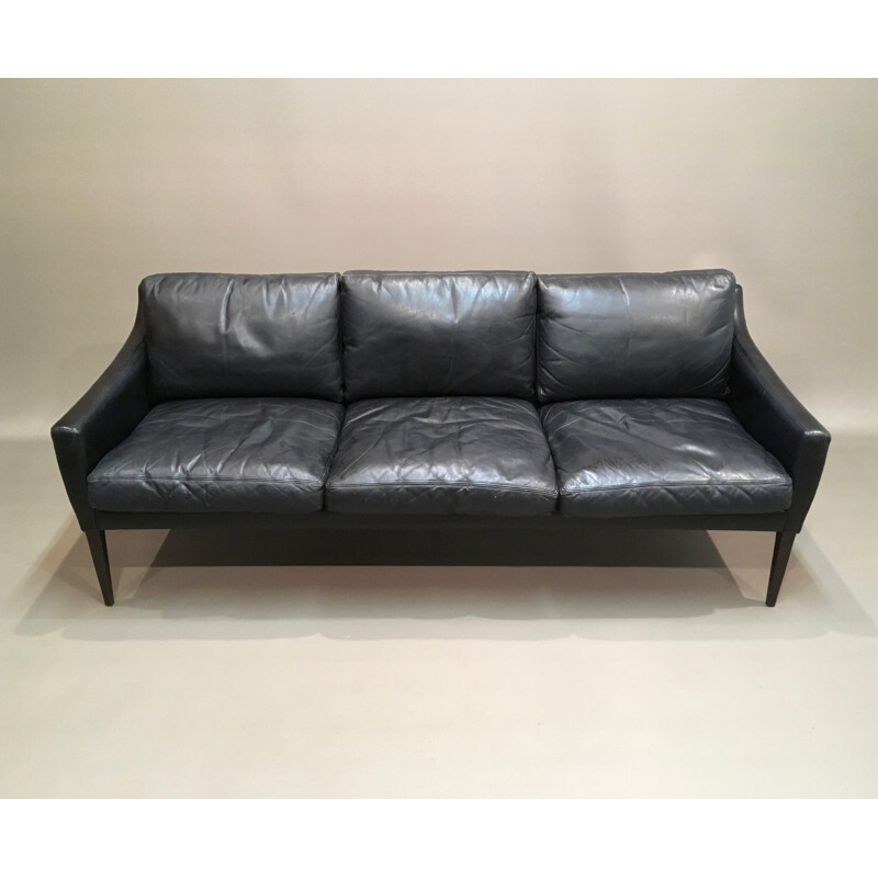 Vintage Black 3 seater sofa in Scandinavian leather - 1960s