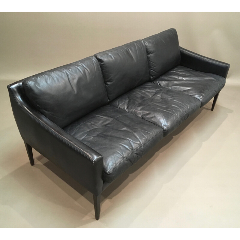 Vintage Black 3 seater sofa in Scandinavian leather - 1960s