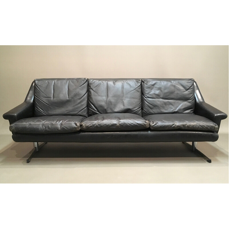 Vintage Black leather 3 seater sofa and chrome - 1950s