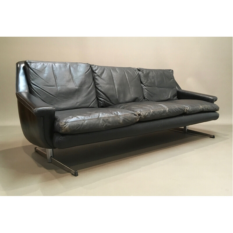 Canapé noir 3 places en cuir et chrome - 1950