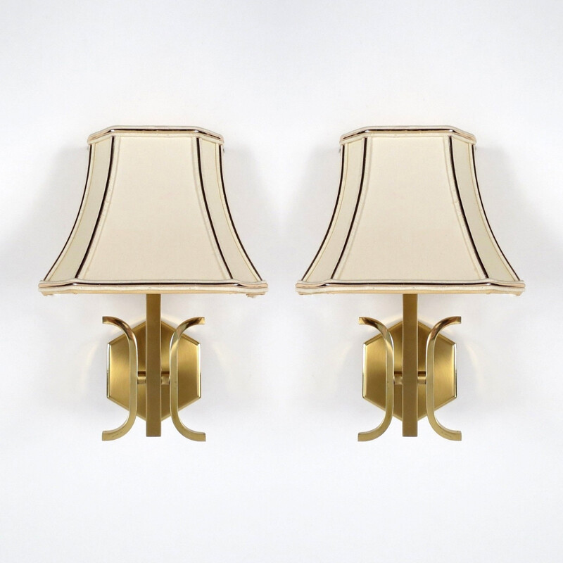 Set of 2 french Vintage brass wall lights with original shades - 1970s