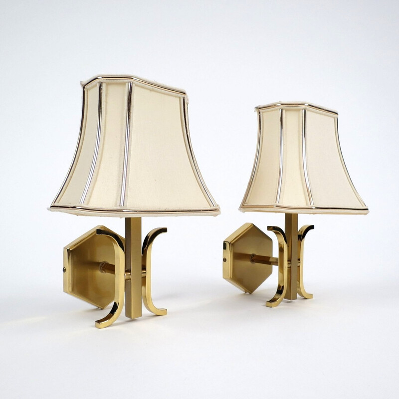 Set of 2 french Vintage brass wall lights with original shades - 1970s