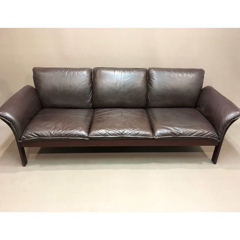 Vintage 3 seater sofa in Scandinavian leather - 1960s