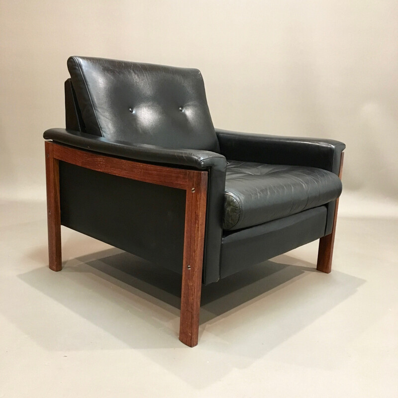 Scandinavian Vintage armchair with black leather upholstery - 1950s