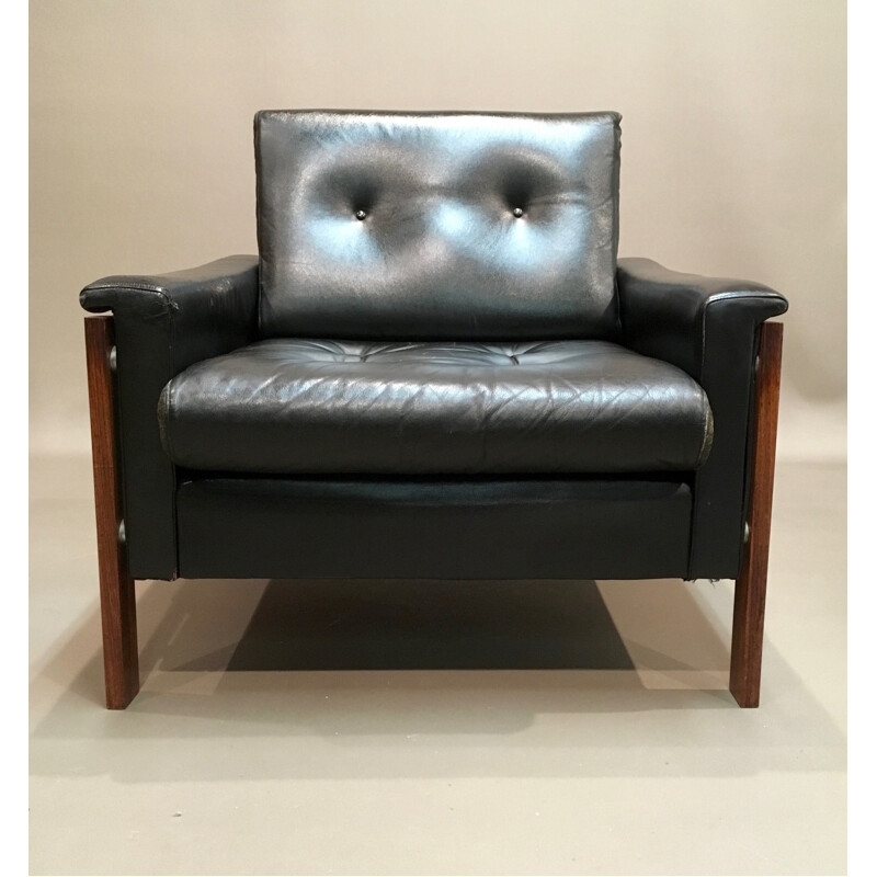 Scandinavian Vintage armchair with black leather upholstery - 1950s