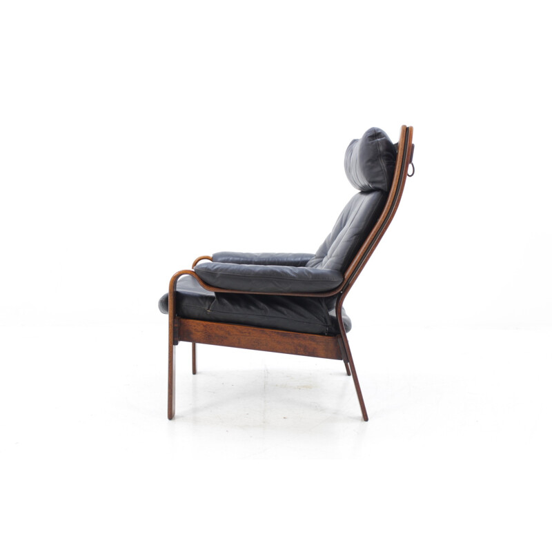 Fauteuil danois lounge en cuir & bois courbé - 1960