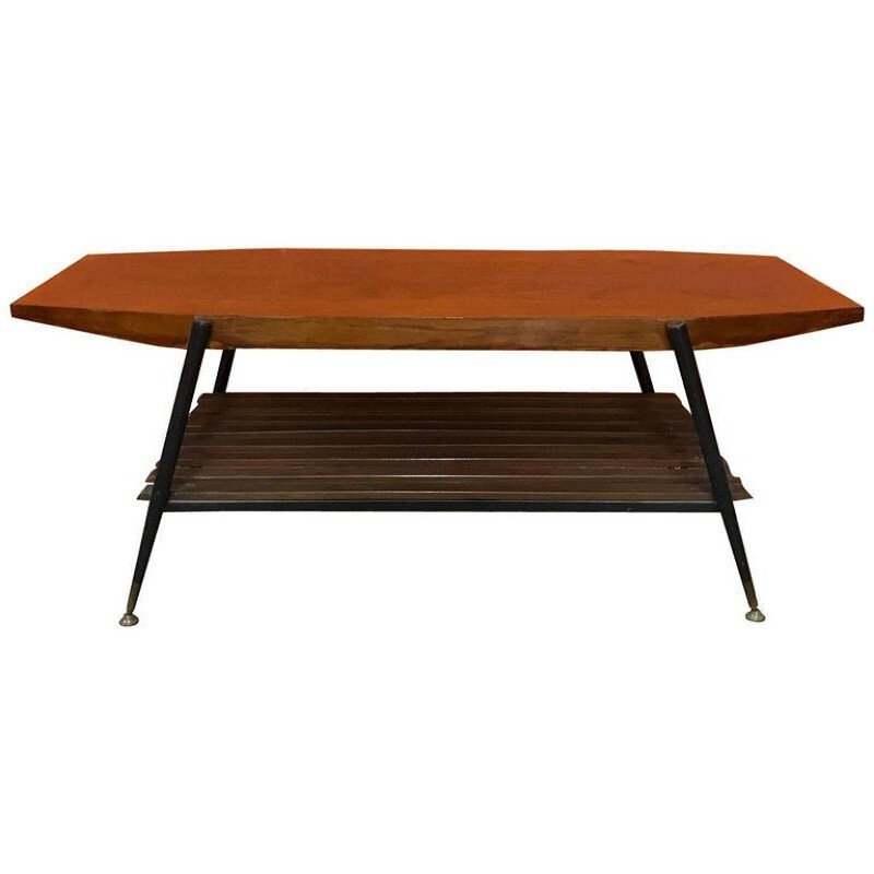 Table Basse Italienne vintage en bois, métal & laiton - 1960