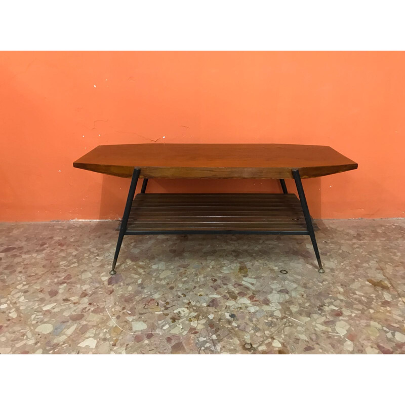 Vintage italian coffee Table in wood, brass and metal - 1960s