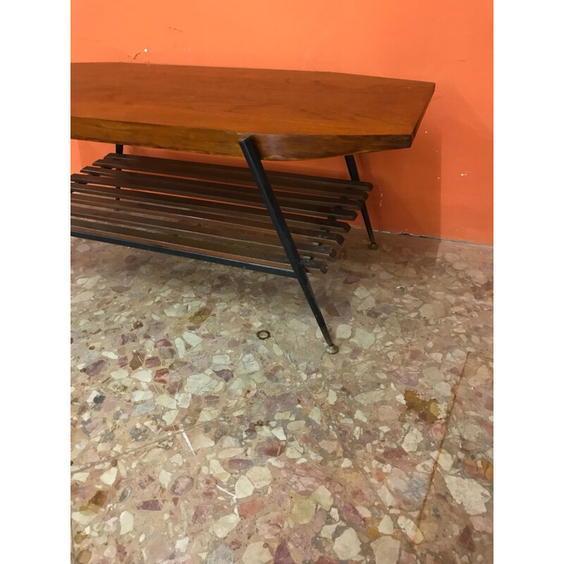 Vintage italian coffee Table in wood, brass and metal - 1960s