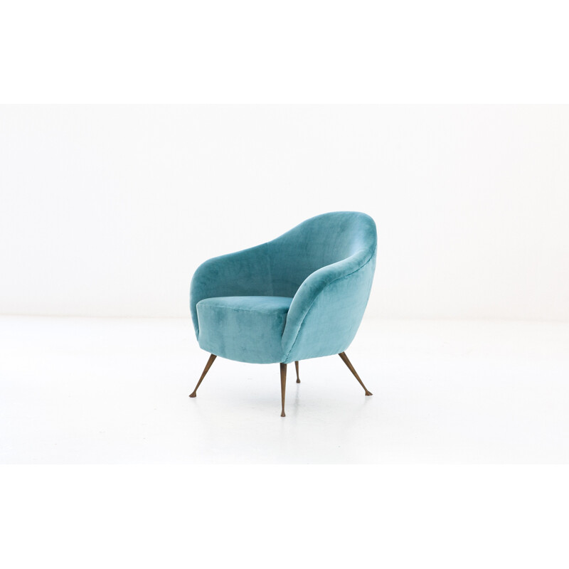 Italian Armchair with Turquoise Velvet fabric and brass legs - 1950s