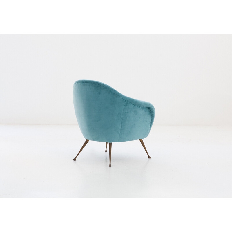 Italian Armchair with Turquoise Velvet fabric and brass legs - 1950s