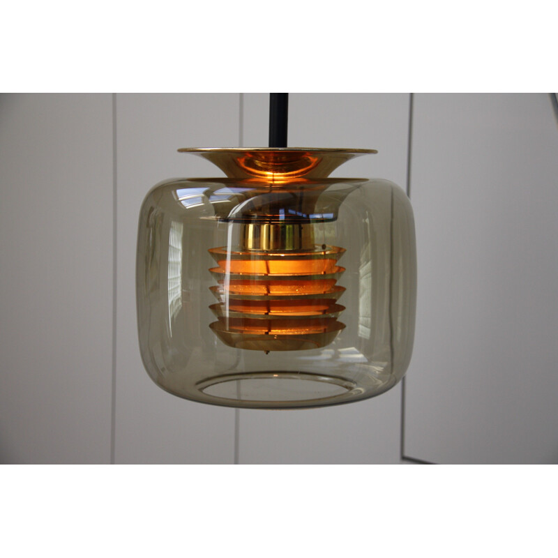 Vintage ceiling lamp in smoked glass and golden details by ERCO - 1960s