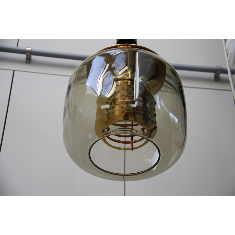 Plafonnier vintage en verre fumé et détails dorés par ERCO - 1960