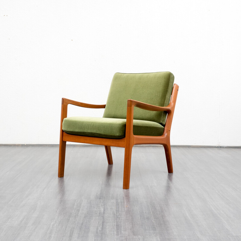 Fauteuil en teck et tissu vert, Ole WANSCHER - 1950