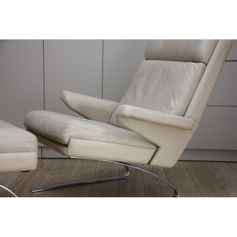 Vintage lounge chair and ottoman in cream white leather by R. Adolf and H.J. Schräder for COR- Germany - 1970s