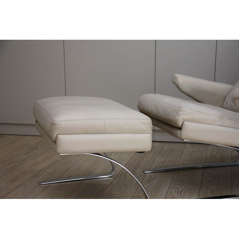 Vintage lounge chair and ottoman in cream white leather by R. Adolf and H.J. Schräder for COR- Germany - 1970s