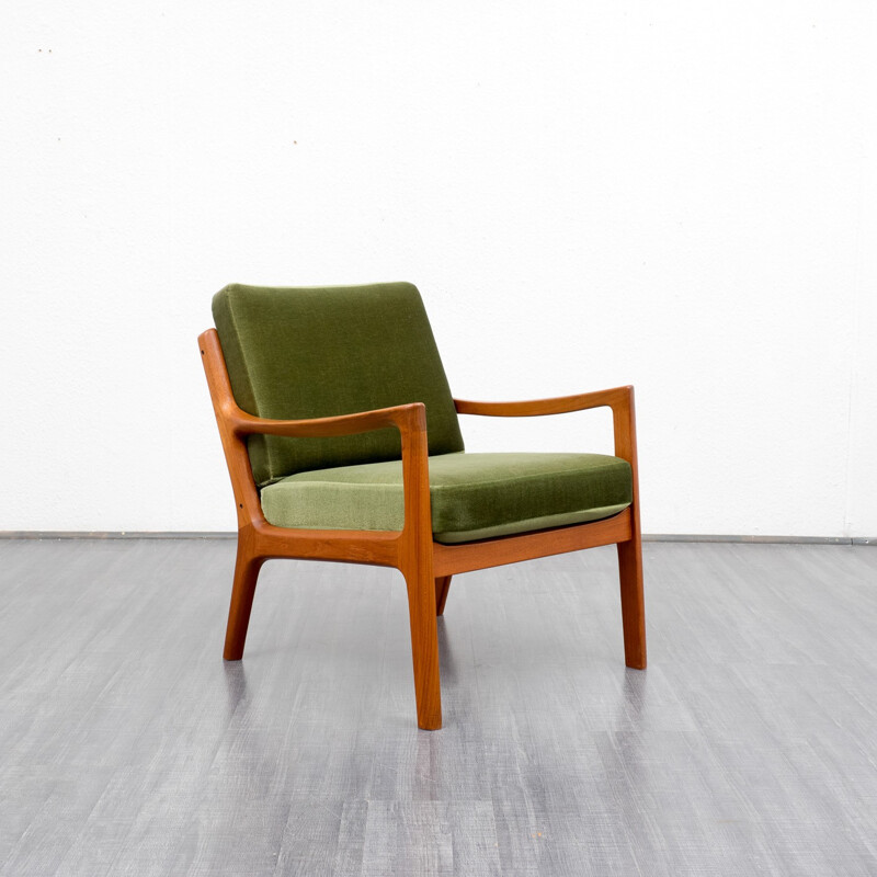 Fauteuil en teck et tissu vert, Ole WANSCHER - 1950