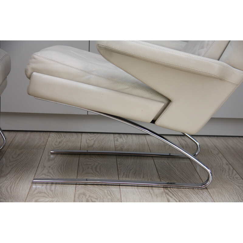 Vintage lounge chair and ottoman in cream white leather by R. Adolf and H.J. Schräder for COR- Germany - 1970s