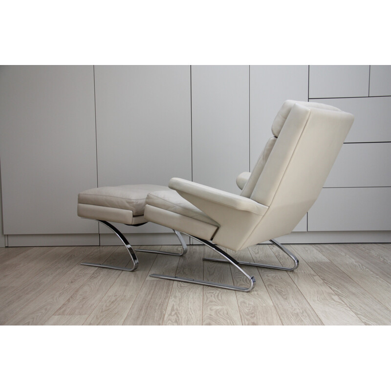 Vintage lounge chair and ottoman in cream white leather by R. Adolf and H.J. Schräder for COR- Germany - 1970s