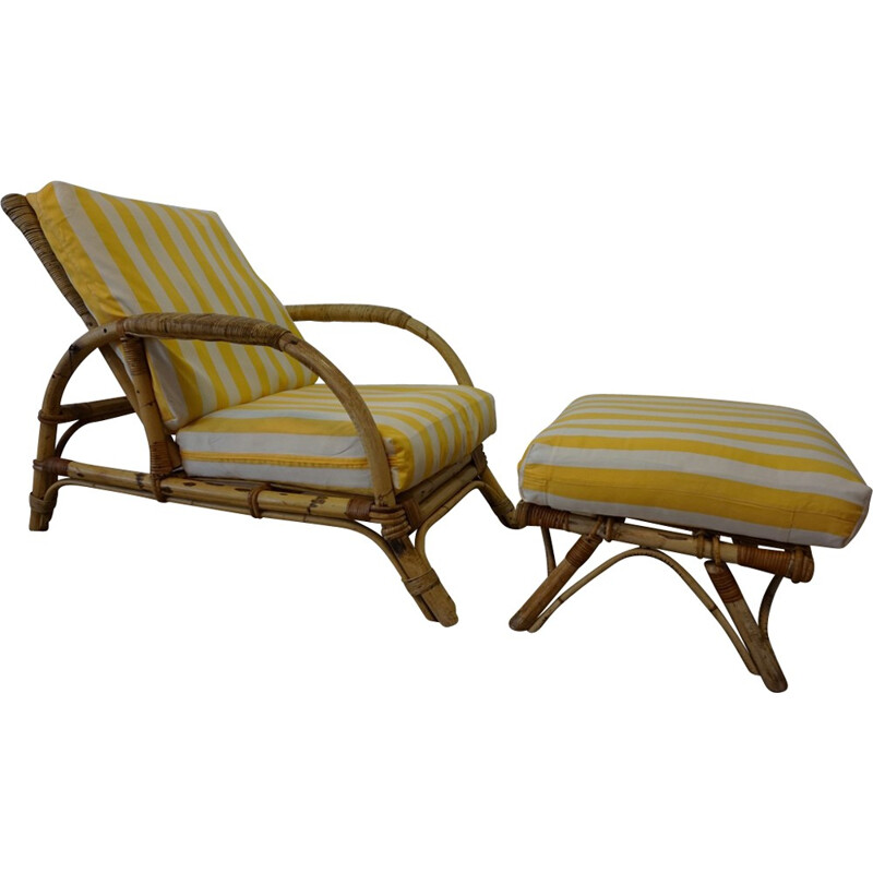 Vintage bamboo lounge chair armchair with stool - 1960s