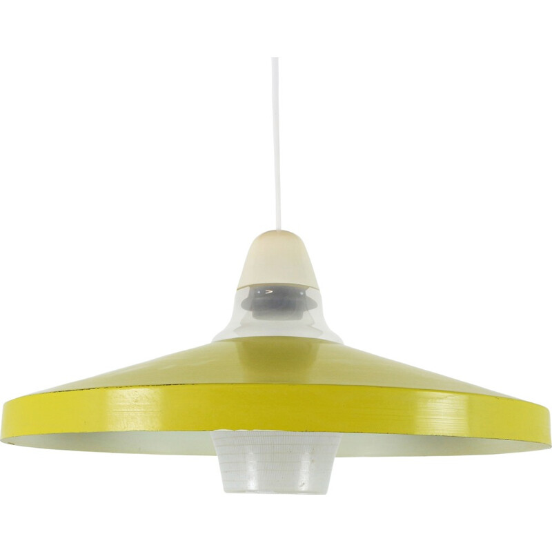 Bright yellow pendant light with patterned glass shade - 1960s