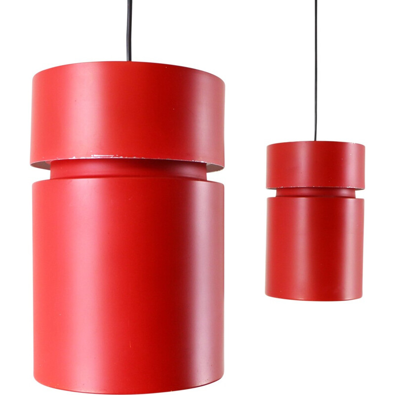Set of 2 vintage pendant lamps in red metal - 1960s