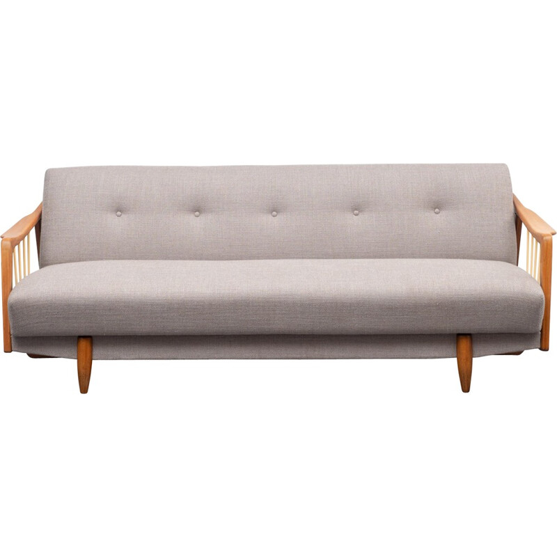 Vintage sreamline sofa in beech frame and light grey fabric - 1950s