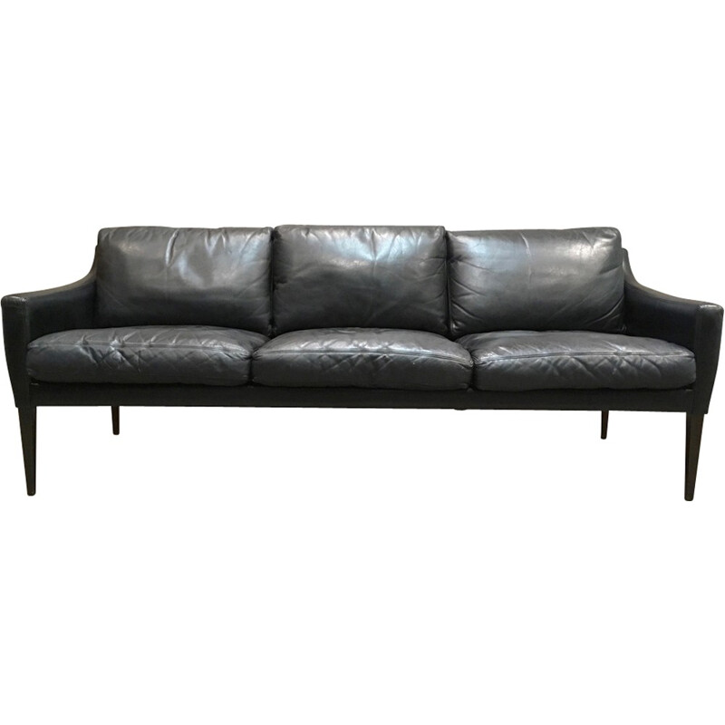 Vintage Black 3 seater sofa in Scandinavian leather - 1960s