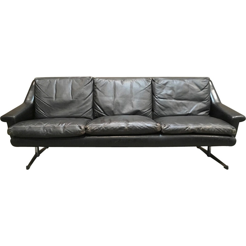 Vintage Black leather 3 seater sofa and chrome - 1950s
