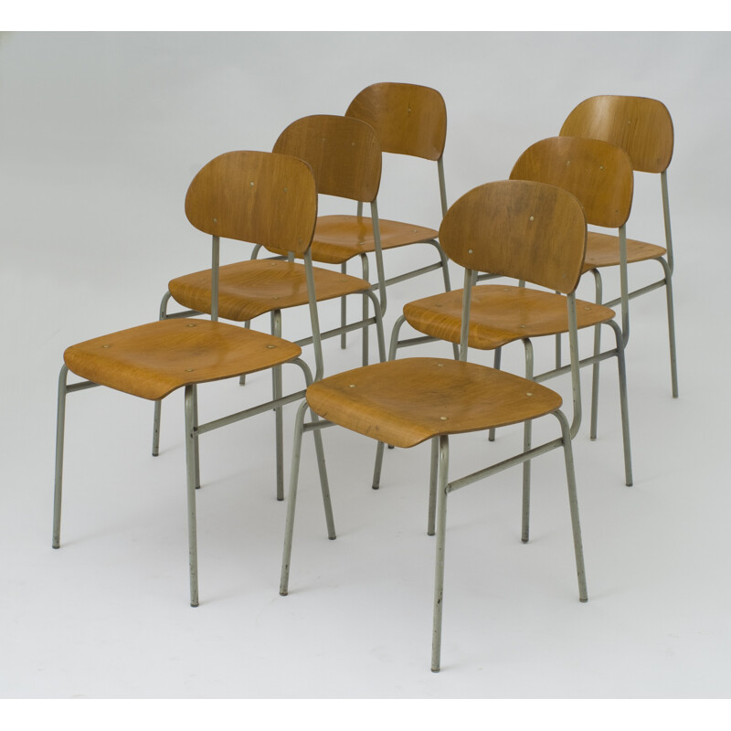 Set of 8 vintage school chairs in metal - 1960s