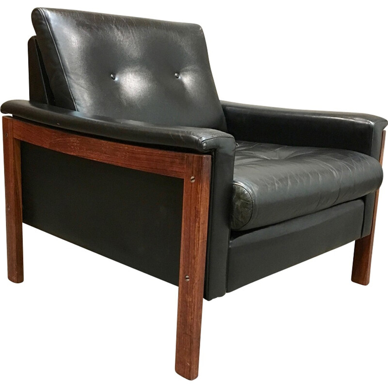 Scandinavian Vintage armchair with black leather upholstery - 1950s