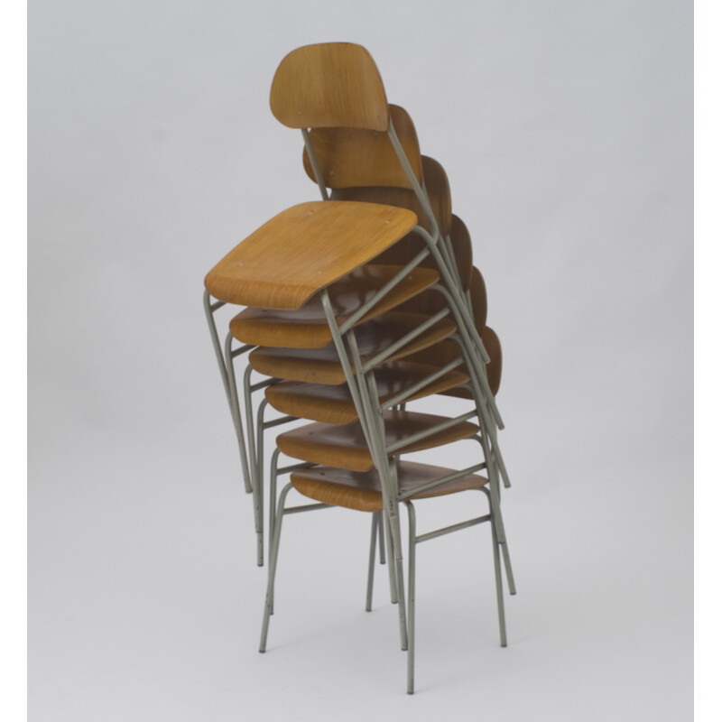 Suite de 8 chaises d'école vintage en métal - 1960