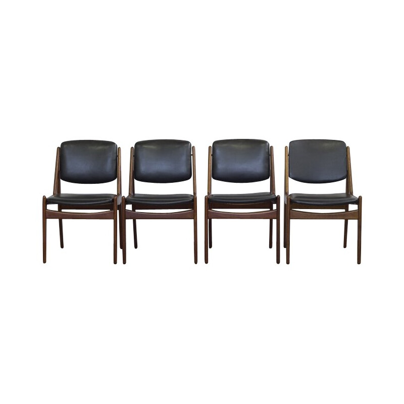 Set of 4 scandinavian chairs in teak and black leather, Arne VODDER - 1960s