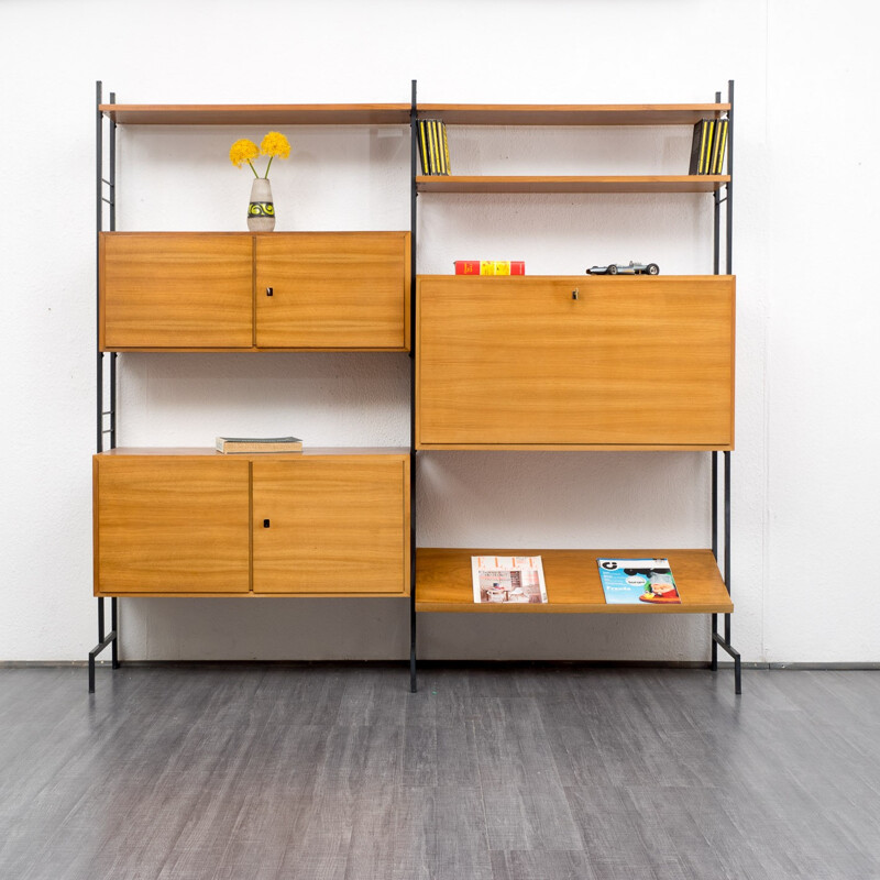 Vintage shelving system with secretary in walnut - 1960s