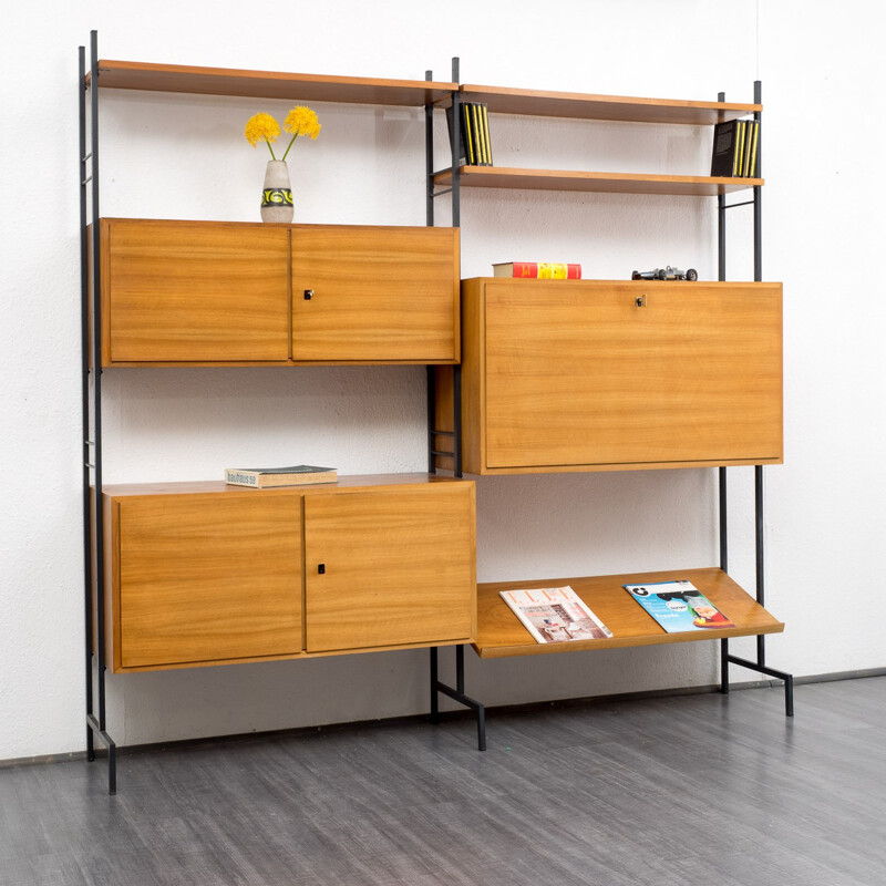 Vintage shelving system with secretary in walnut - 1960s