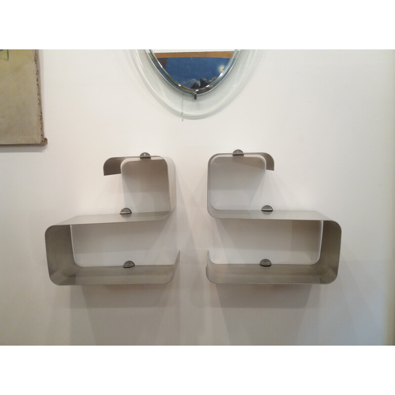 Pair of stainless steel wall shelves - 1970s