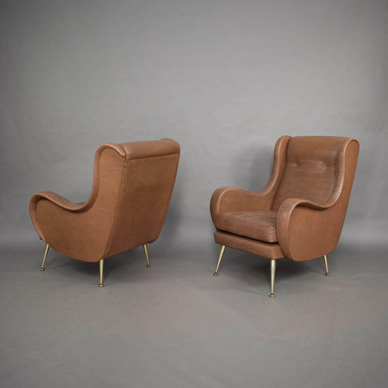 Pair of vintage leatherette lounge chairs by Aldo Morbelli, Italy 1950