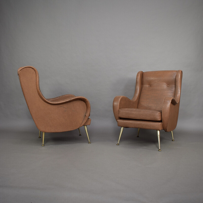 Pair of vintage leatherette lounge chairs by Aldo Morbelli, Italy 1950