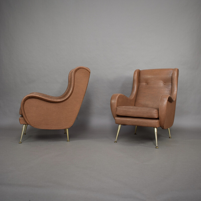 Pair of vintage leatherette lounge chairs by Aldo Morbelli, Italy 1950