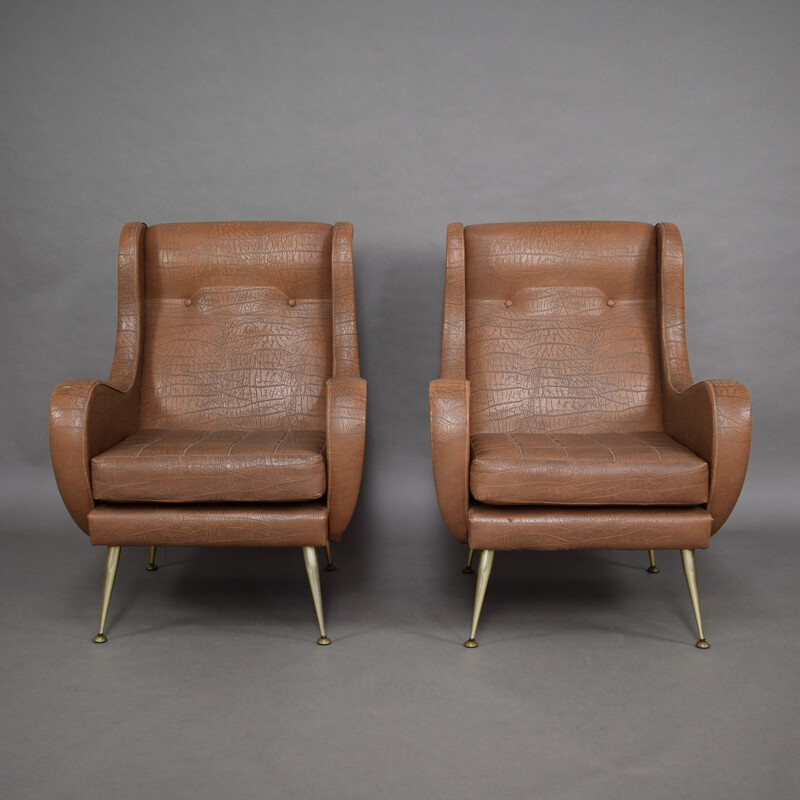 Pair of vintage leatherette lounge chairs by Aldo Morbelli, Italy 1950