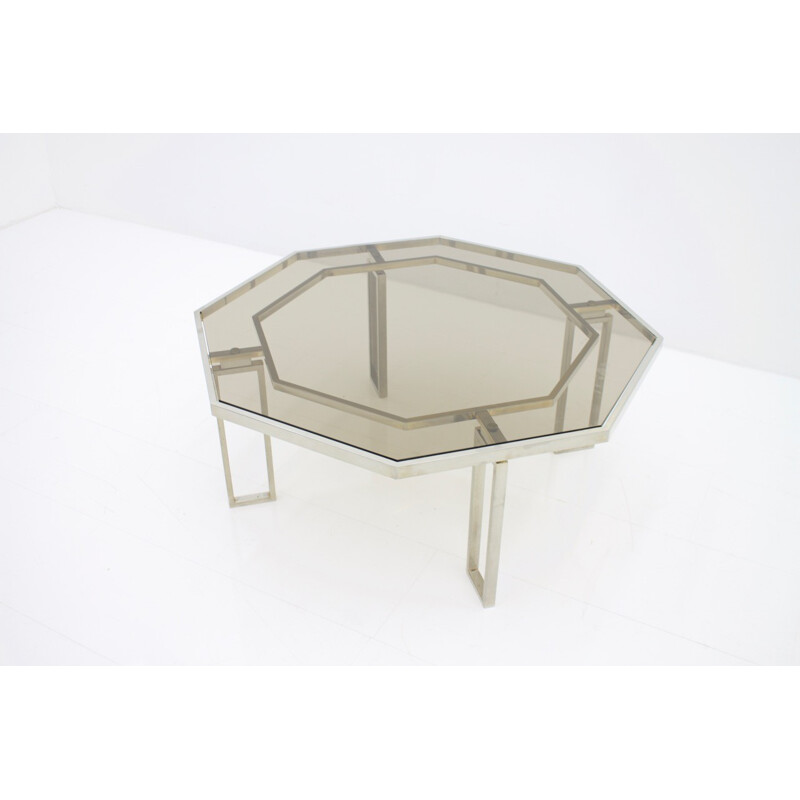Octagonal Coffee Table with Metal Base and Glass Top - 1960s