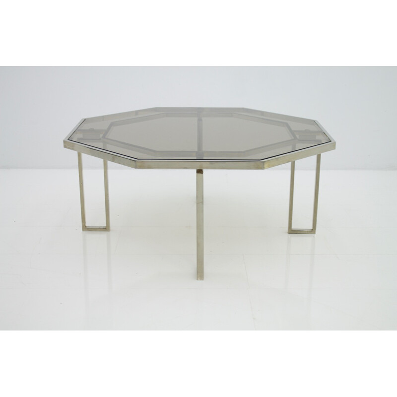 Octagonal Coffee Table with Metal Base and Glass Top - 1960s