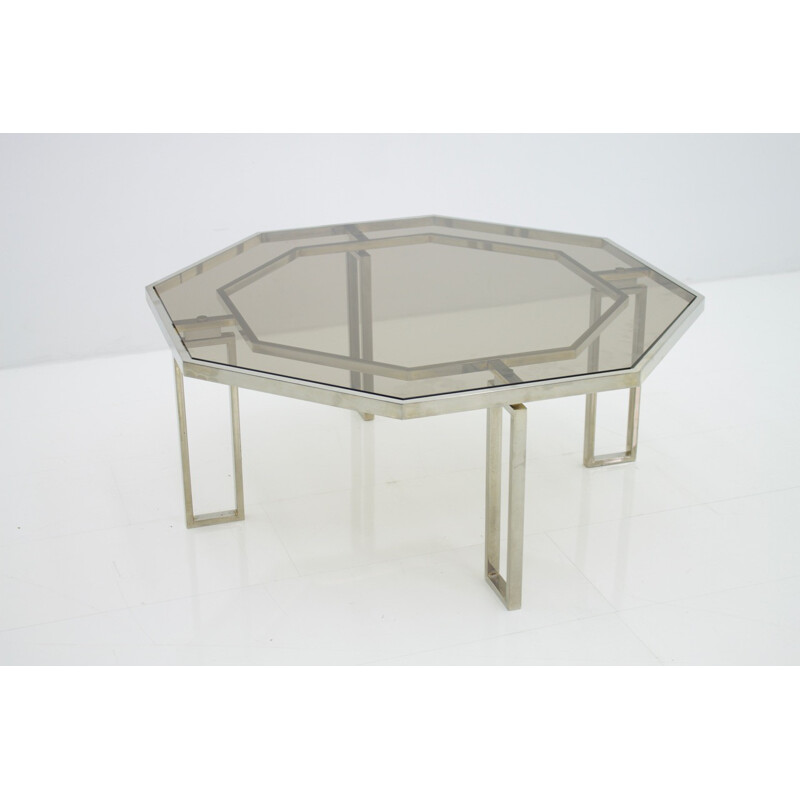 Table Basse Octogonale avec Base en Métal et Plateau en Verre - 1960