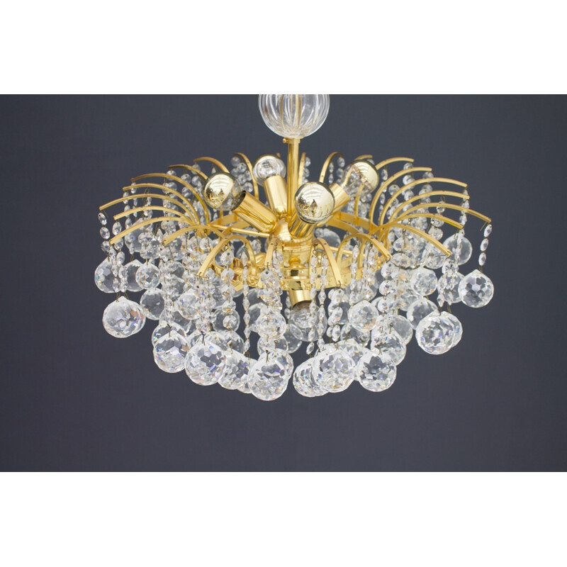 Vintage chandelier in gilded brass and crystal glass by Christoph Palme - 1970s