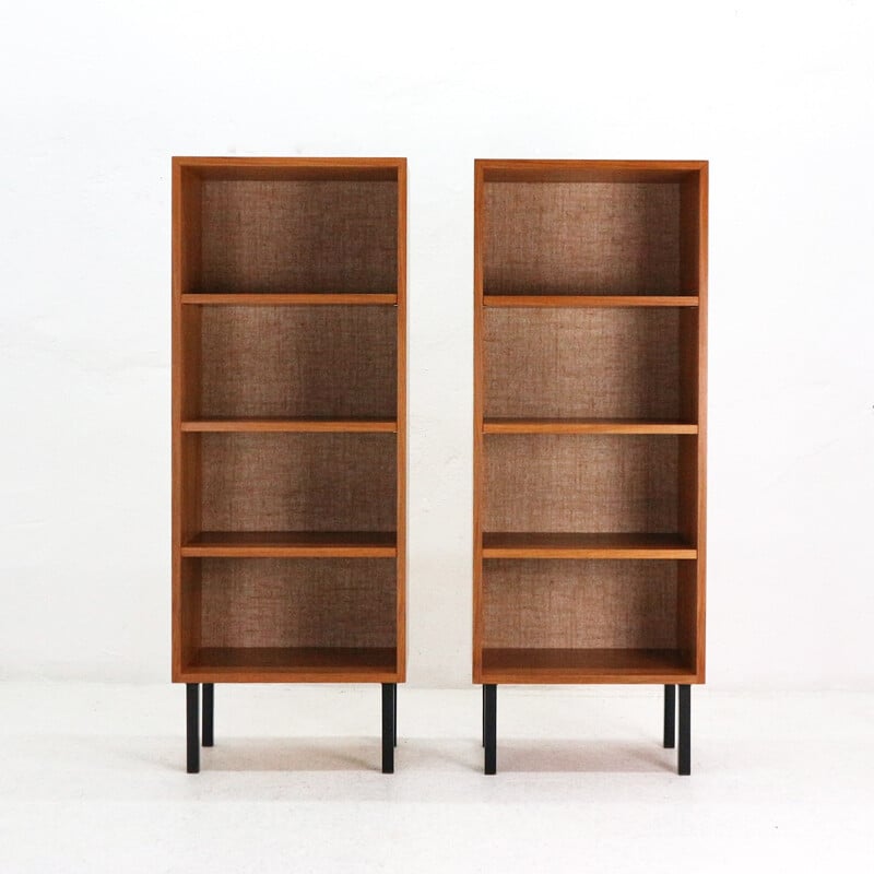 Vintage set of 2 walnut book shelves with burlap back panel - 1960s