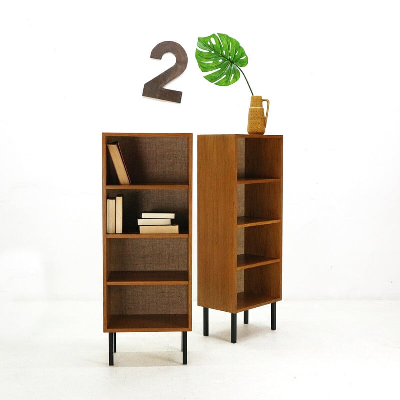 Vintage set of 2 walnut book shelves with burlap back panel - 1960s