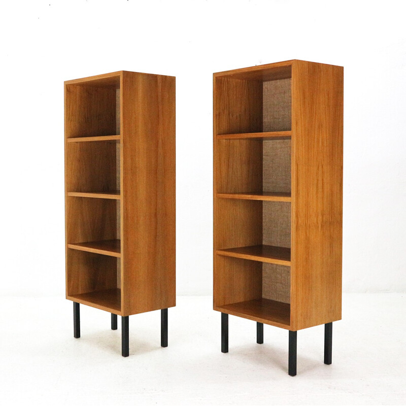Vintage set of 2 walnut book shelves with burlap back panel - 1960s