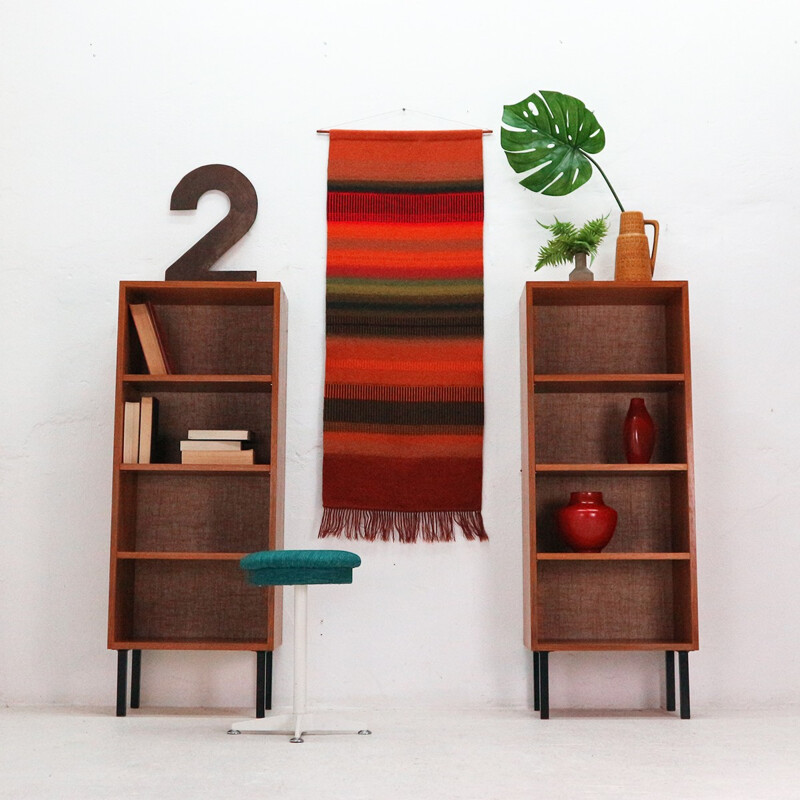 Vintage set of 2 walnut book shelves with burlap back panel - 1960s