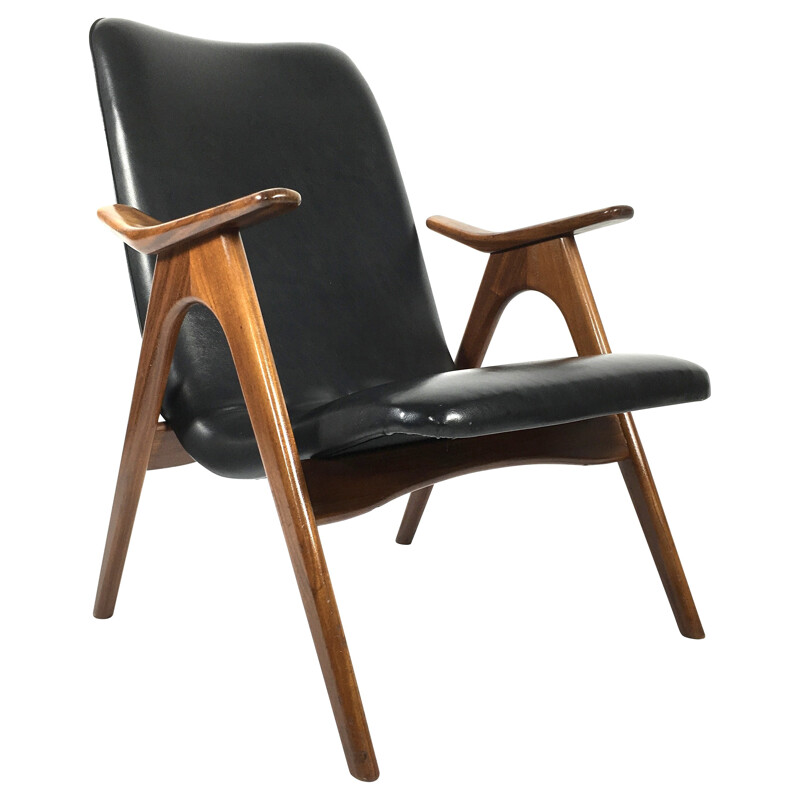 Vintage armchair in solid teak and black leatherette, Louis VAN TEEFFELEN - 1960s